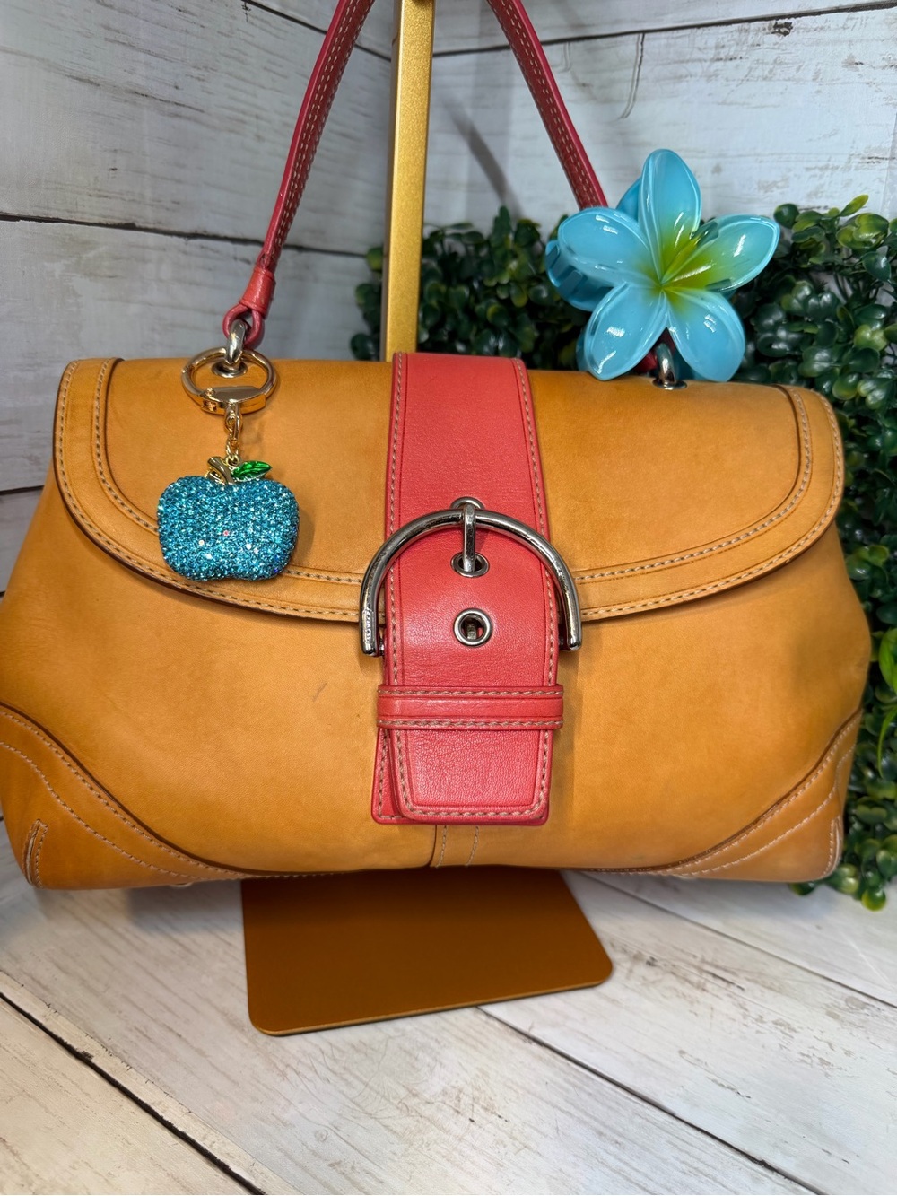 Coach Tan Shoulder Bag with Red Strap and Blue Charm